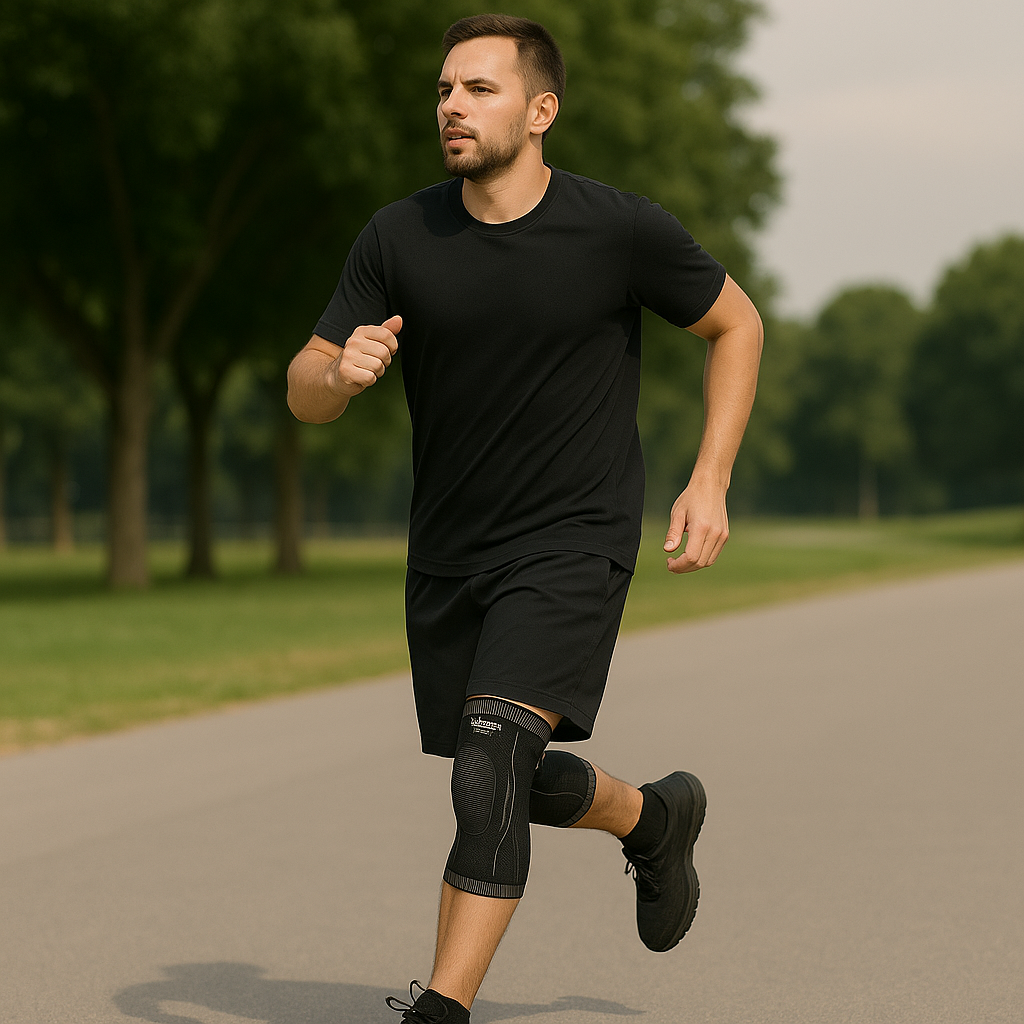 “Homme portant une genouillère de compression Flexio noire pendant une séance de sport”