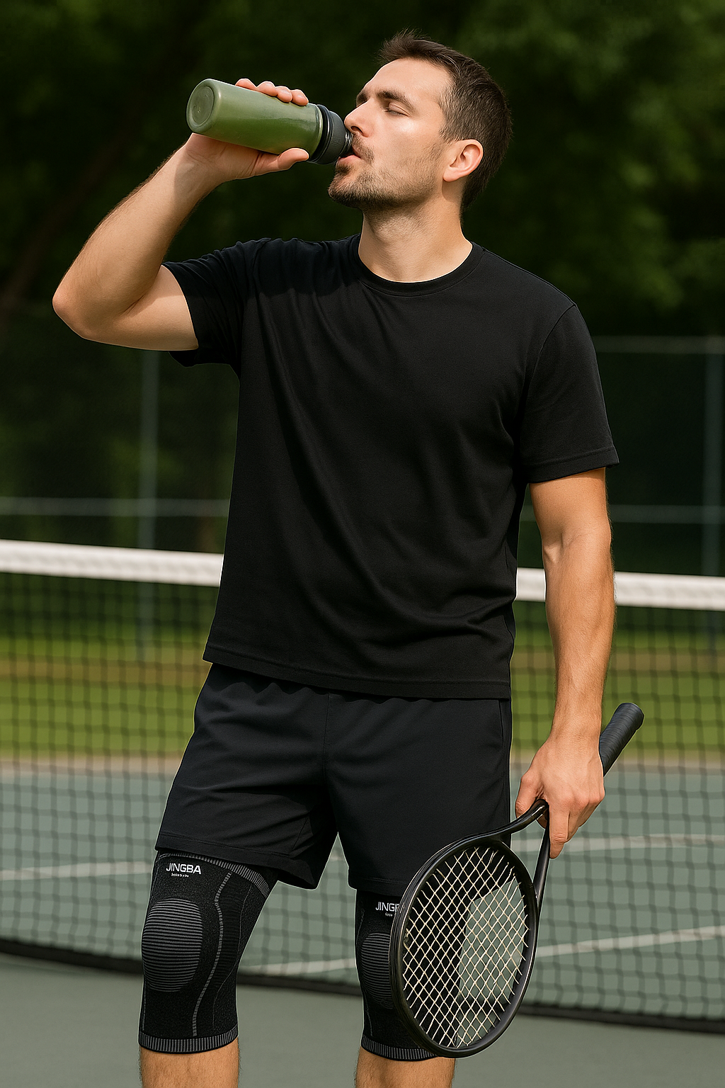 “Homme portant une genouillère de compression Flexio noire pendant une pause de sport”